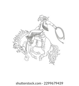 Cowboy rodeo on wild horse. Linear Vector illustration isolated on white. 