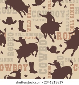 Cowboy rodeo pattern seamless colorful silhouettes of riders on wild bulls for advertising extreme sports event in arena vector illustration