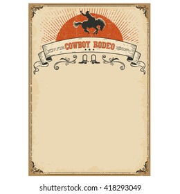 Cowboy rodeo poster for text.Vector vintage illustration with wild horse