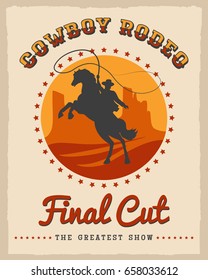 Cowboy rodeo poster vector illustration. American country style texas western vintage placard design template