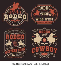 Paneles de rodeo de Cowboy coloridos para la publicidad de espectáculos occidentales en Texas con siluetas de jinetes sentados en ilustración vectorial de caballo