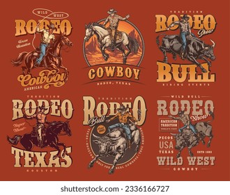 Cowboy rodeo set flyers colorful with Americans showing lasso throwing skills and riding wild bulls vector illustration