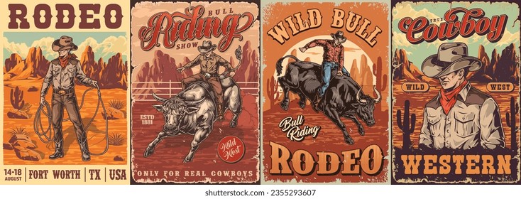 Cowboy rodeo set flyers colorful with men standing on ranch or in desert and riding wild bulls vector illustration