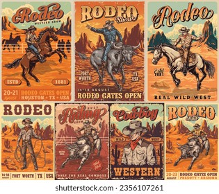 Cowboy rodeo set stickers colorful with men riding mad bulls and wild horses on American ranches vector illustration