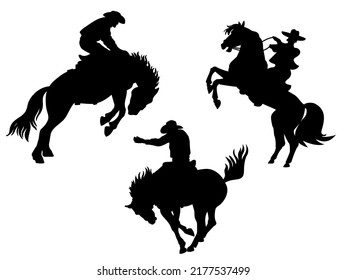 Cowboy rodeo set wild horses. Vector rodeo silhouette of cowboy riding wild horses isolated on white for design