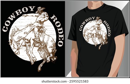 Cowboy Rodeo Shirt Design, American Cowboy Rodeo Western Style Southern T-Shirt Design, Cowboy T-shirt Design, Rodeo Cowboy Illustration, Rodeo Rider Vector Art.