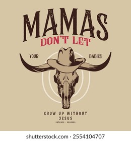 Cowboy Rodeo show Vector illustration with a skull of bull and lettering in retro style, Vintage western wild west, cowboy vintage print, Suitable for poster, label, flyer, invitation, t-shirt design