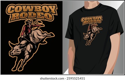 Cowboy Rodeo T-Shirt Design, American Cowboy Rodeo Western Style Southern T-Shirt Design, Cowboy Vintage Retro Vector, Horse Riding, Rodeo Cowboy Illustration, Rodeo Rider Vector Art.