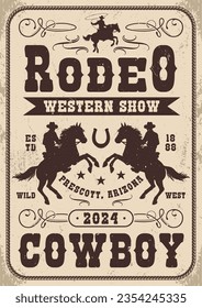 Cowboy rodeo vintage flyer monochrome for western show in arizona with silhouettes horses with riders from wild west vector illustration