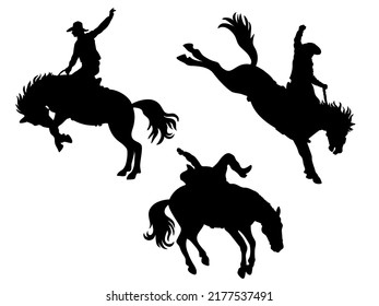 Cowboy rodeo caballo salvaje. Silhouette de rodeo vectorial de vaquero montando caballos salvajes aislados en blanco para el diseño