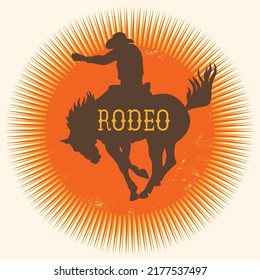 Cowboy Rodeo salvaje de caballo vector símbolo redondo. Silhouette de Cowboy montando un caballo salvaje sobre el sol amarillo en símbolo ilustración de estilo plano con rodeo de texto aislado