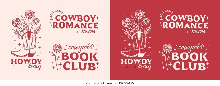 Cowboy romance lovers book club howdy honey love cowgirl boots printable cut file funny quotes bundle pack. Retro boho pink red preppy country western girl aesthetic stickers women shirt design.