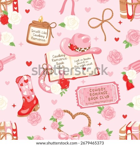 Cowboy Romance Seamless Pattern, Bookish Western Valentine Print, Cute Pink Roses and Boots, Girly Cowboy Digital Paper