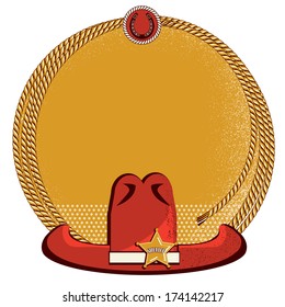 Cowboy rope frame background and western sheriff hat.Vector illustration