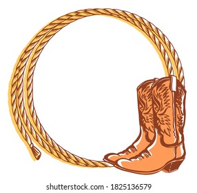 Cowboy rope frame with Cowboy western boots. Vector color illustration of Country cowboy background for text