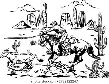 Cowboy Roping Cattle in Desert Wild West Black and White Line Art