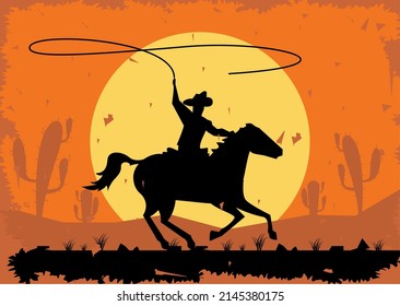 cowboy running in horse landscape scene