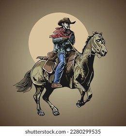 Cowboy With Running Horse Vector Illustration 