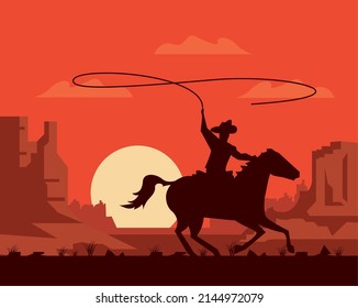 cowboy in running horse wild west scene