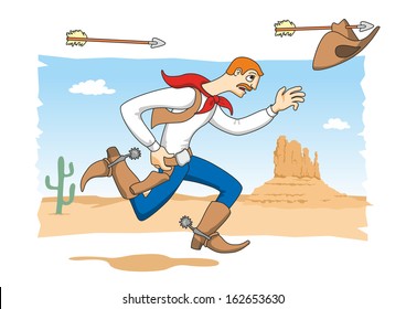 Cowboy running from Indians, Cowboy running across the prairie from flying arrows