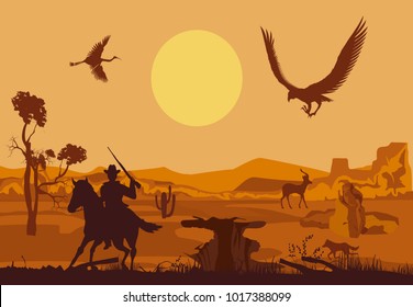 Cowboy running on the horse silhouette, wild west concept vector illustration, vector desert landscape