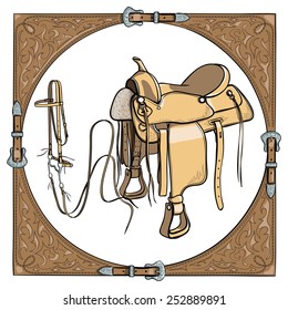 Cowboy saddle and bridle in the western leather frame on white background. Vector