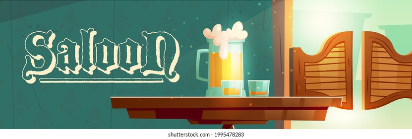 Cowboy saloon cartoon banner, glass tankards with foamy beer and shots with alcohol drinks stand on wooden old style table in wild west tavern. Invitation to retro pub or bar Vector web header