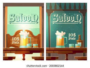 Cowboy saloon cartoon banner, glass tankards with foamy beer and shots with alcohol drinks stand on wooden old style table in wild west tavern. Invitation to retro pub or bar Vector poster