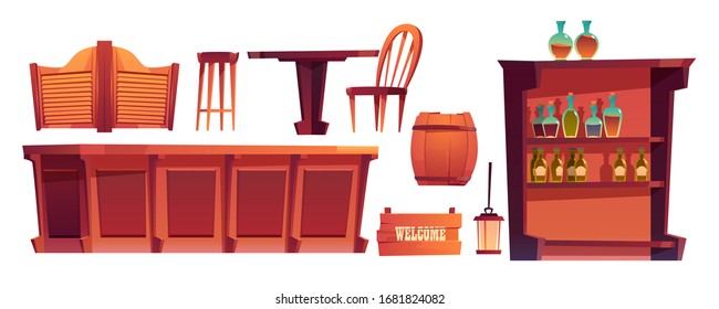 Cowboy saloon, western retro bar furniture and stuff set. Wooden swing door, table, chair and counter desk, wine barrel, shelf glass bottles, lantern and welcome signboard. Cartoon vector clip art