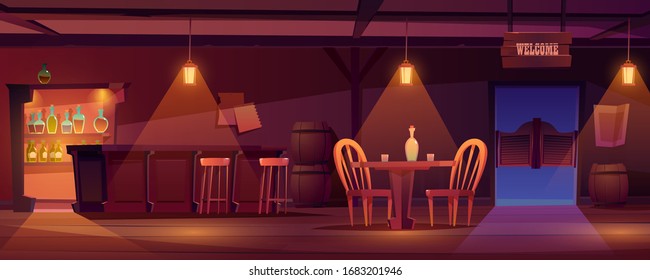 Cowboy saloon, western retro bar empty interior with dim light, furniture and stuff. Wooden swing door, table, chair and desk, barrels, glass bottles, lantern and welcome signboard. Cartoon vector