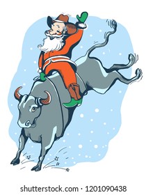 Cowboy Santa rider on the bull Rodeo. Christmas hand drawn color illustration isolated on white.