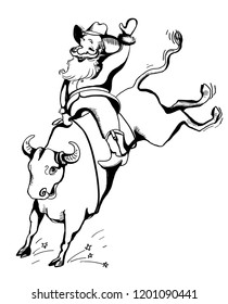 Cowboy Santa rider on the bull Rodeo. Christmas hand drawn illustration isolated on white.