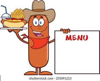 Cowboy  Sausage Cartoon Character Carrying A Hot Dog, French Fries And Cola Next To Menu Board.Vector Illustration Isolated On White