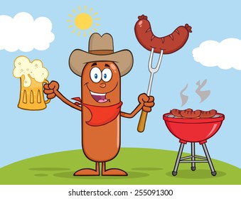 Cowboy Sausage Cartoon Character Holding A Beer And Weenie Next To BBQ. Vector Illustration 