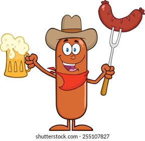 Cowboy Sausage Cartoon Character Holding A Beer And Weenie On A Fork. Vector Illustration Isolated On White