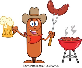 Cowboy Sausage Cartoon Character Holding A Beer And Weenie Next To BBQ. Vector Illustration Isolated On White