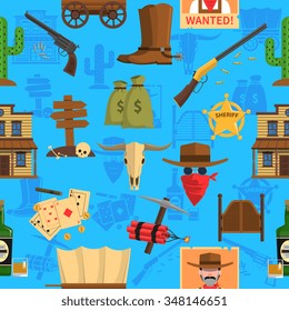 Cowboy seamless pattern with animal skull dinamite and saloon flat vector illustration