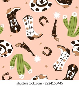 Cowboy seamless pattern with boots, hats, revolvers, horseshoes and cacti. Vector graphics.