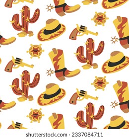 Cowboy seamless pattern with boots, hats, revolvers, sheriff badge and cacti. Vector flat graphics. Western packaging shades of red and yellow. Printing on textiles and paper