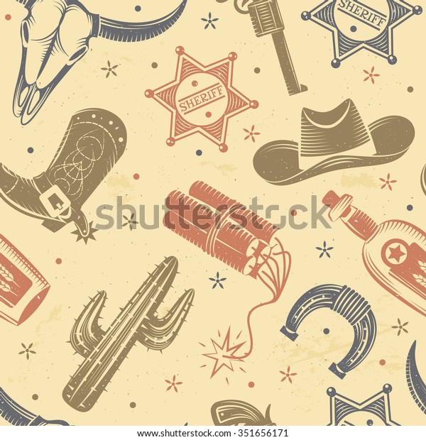 Cowboy Seamless Pattern Cactus Dynamite Hat Stock Vector Royalty