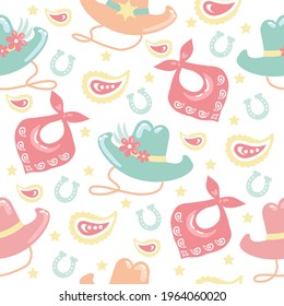 Cowboy Seamless pattern with western cowgirl elements. Wild West cowboy hats and horseshoes. Vector women tender style color background