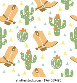 Cowboy Seamless Pattern With Western Decorative Elements. Wild West Cowboy Boots And Cactuses. Vector Baby Style Tender Color Background