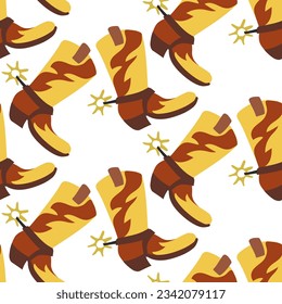 Cowboy seamless pattern with Western decorative elements. Cowboy leather boot on a white background. Vector children's style orange color background