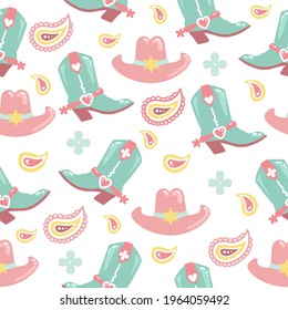 Cowboy Seamless pattern with western elements. Wild West cowboy boots and cowboy hat. Vector women tender style color background