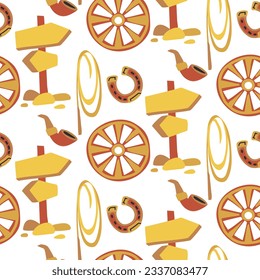 Patrón sin soldadura de Cowboy con rueda, herradura, lazo, tubo, dirección, desierto. Gráficos planos vectores. Empaque occidental en tonos desérticos. Impresión sobre textiles y papel