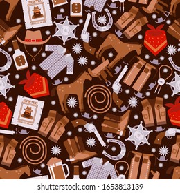 Cowboy-Muster, Wild-West-Symbole, Wickelpapier oder Stoffdruck, Vektorillustration-Illustration. Westliche Symbole und Cowboy-Accessoires, Pferd, Brille, Hut und Sheriff Sternzeichen. Horseshoe und Bandana