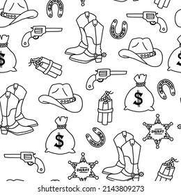 Cowboy seamless vector background. Sheriff, Wild West repeating pattern with Cowboy boots, money, dynamite, sheriff streng. Black and white design for fabric, wrapping, coloring, kids, children.