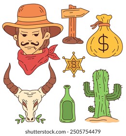 cowboy set element illustration. Hand drawn cowboy hat, cactus, desert, buffalo bones and money sack on white background