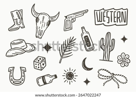 Cowboy set hand drawn doodle. Wild west, western. Hat, boots, bandana, lasso, whip, pistols, Desert cactus, Buffalo skull, Horseshoe. Vector line art illustration. collection for cards, and more.	
