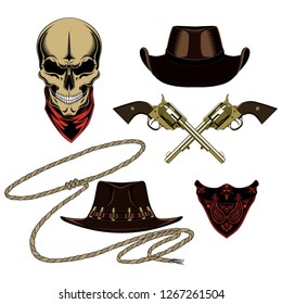 Cowboy set of vector images. Skull, bandanas, hats, revolvers, lasso.